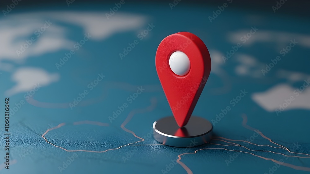 Poster Close up view of a navigation pin marker positioned on a blue glowing world map surrounded by modern futuristic design elements and soft lighting
