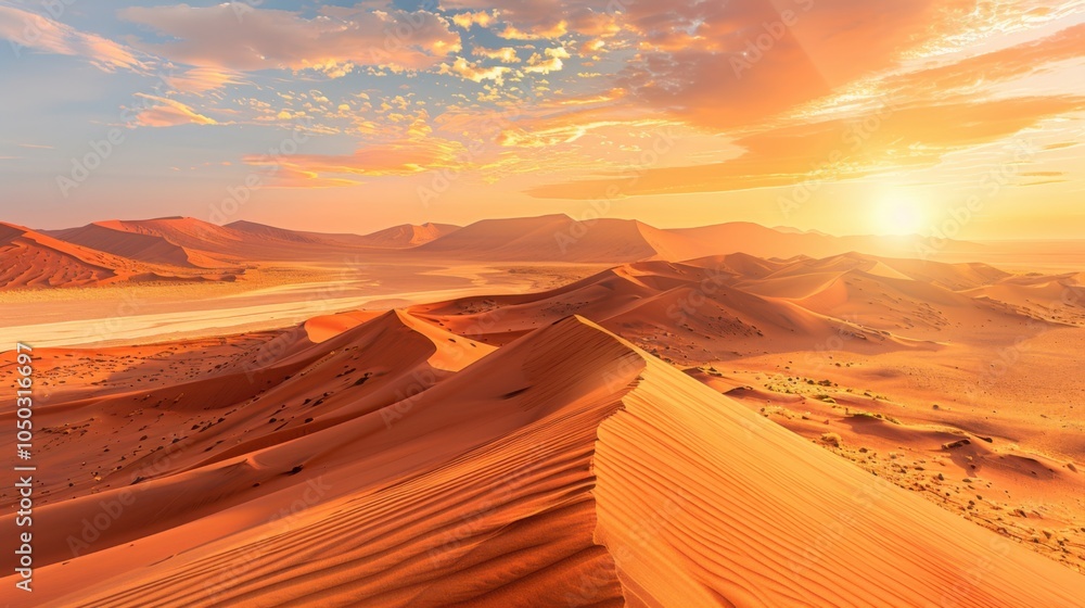 Poster a dramatic view of the vast dunes of the namib desert with shifting sand patterns and a vibrant sunr