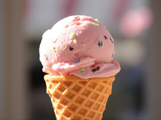 A pink ice cream cone topped with vibrant green sprinkles, showcasing a delightful and colorful dessert.