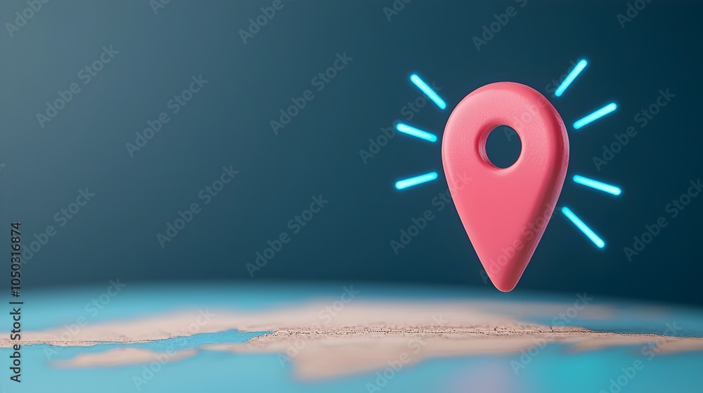 Poster Closeup view of a glowing blue navigation pin on a world map with radiating digital lines highlighting global travel and connectivity  The image conveys the concepts of technology data visualization