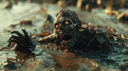 Zombie hand emerging from muddy ground, spooky atmosphere.