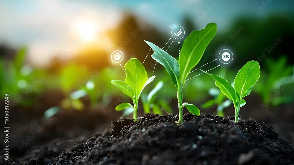 Poster digital overlays and infographics showcase advanced farming techniques and precision agriculture tec