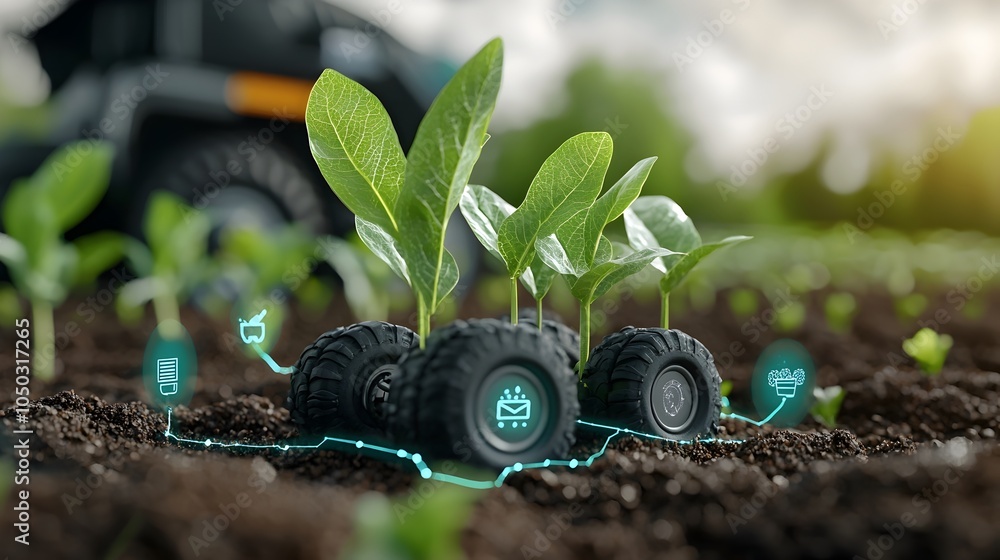Poster featuring smart farming with corn seedlings accompanied by high tech infographics highlighting data 