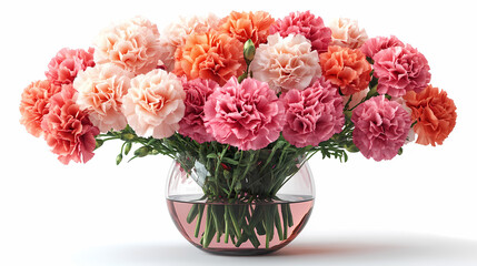 Fototapeta premium A vibrant bouquet of carnations in shades of pink, red, and white, with ruffled, textured petals and sturdy green stems