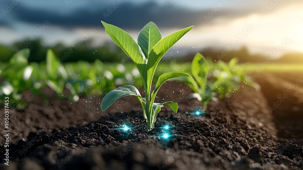 Poster Detailed infographics illustrating the use of precision agriculture technologies sensors and data analytics to enable sustainable and efficient corn seedling growth in smart farming setups