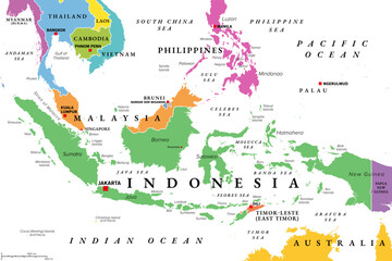 Obraz premium Indonesia, country in Southeast Asia and Oceania, colored political map. Republic and archipelago with capital Jakarta, and largest islands Sumatra, Java, Sulawesi, and parts of Borneo and New Guinea.