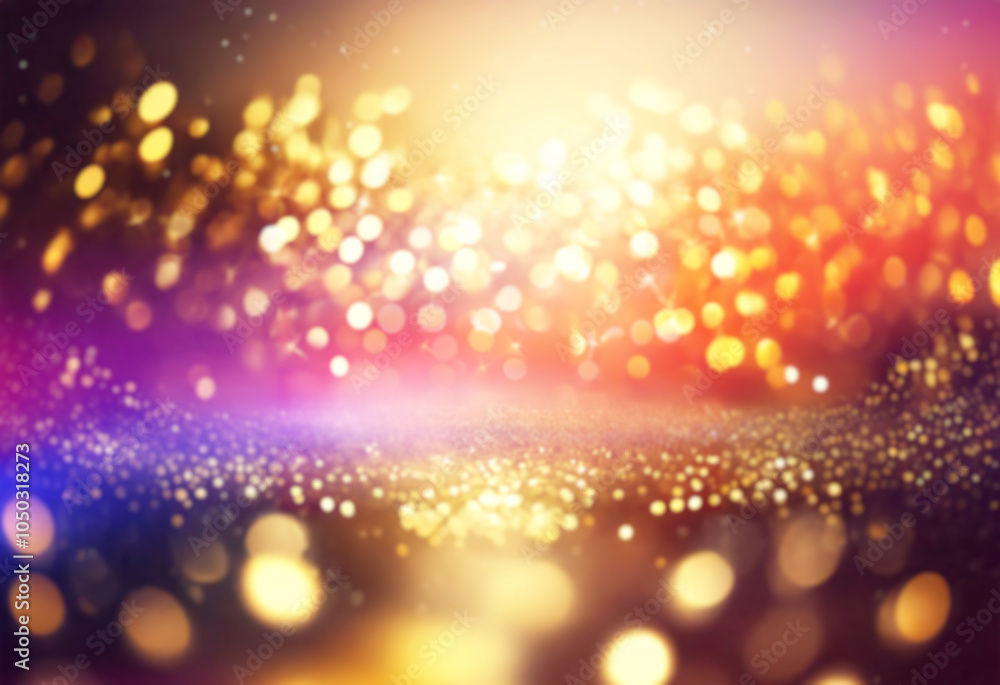 Poster golden glitter sparkles with bokeh lights on a dark background.