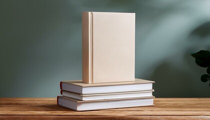 Beige hardcover book mockup standing on a stack of books on a wooden table. 3D Rendering