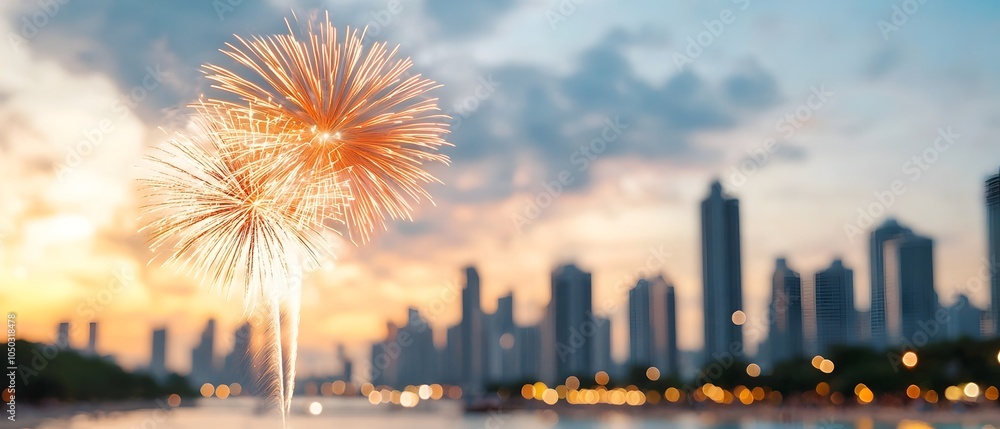 Poster stunning display of colorful fireworks bursting in a vibrant over a crowded city square during a liv
