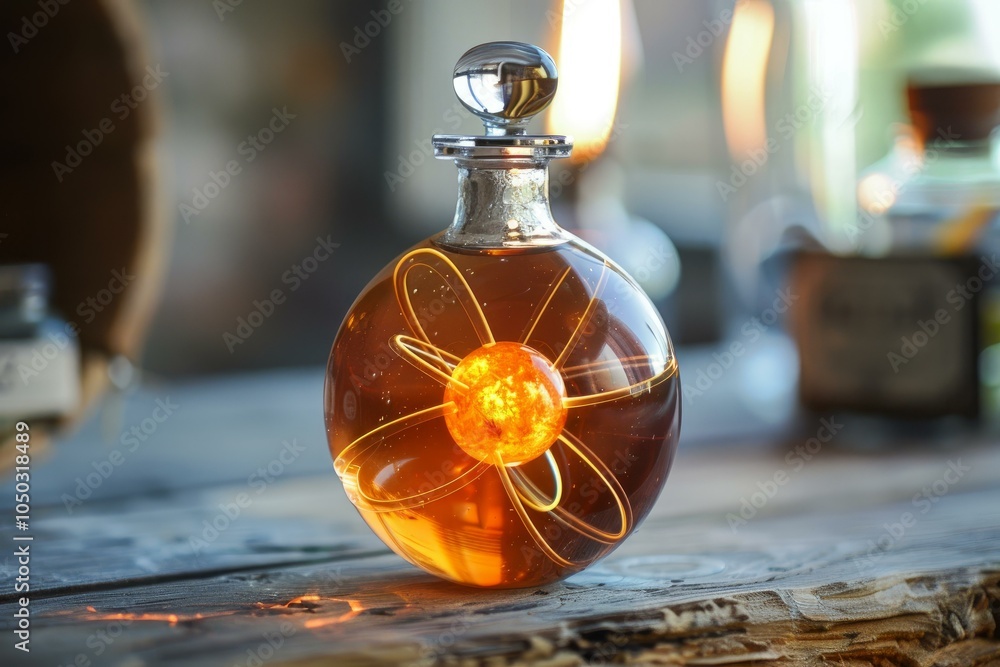 Poster round glass flask containing a glowing atom model is sitting on a rustic table