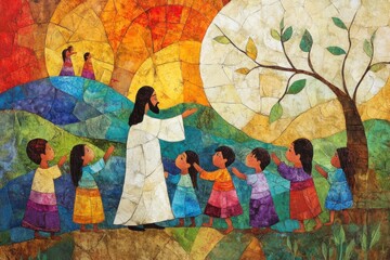 A Gospel story art piece illustrating the moment of Jesus blessing the children, with gentle colors and expressive figures.