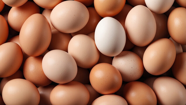 A pile of brown eggs with one white egg in the center.