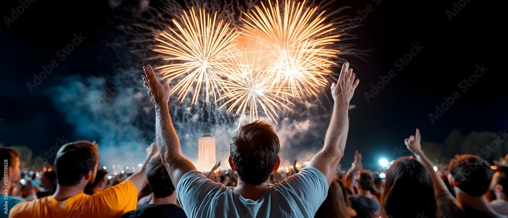 Poster breathtaking display of colorful fireworks bursting and illuminating a famous architectural monument