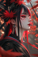 Beautiful Japanese anime style girl with black and red hair, wearing a traditional samurai outfit. Fantasy background with autumn leaves, fantasy art cover illustration, fantasy character portrait.