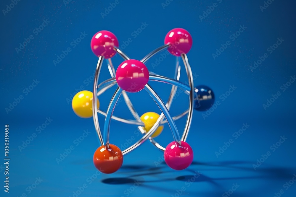 Aufkleber atomic model with chrome rods and colorful spheres is floating on a blue background