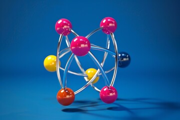 Atomic model with chrome rods and colorful spheres is floating on a blue background