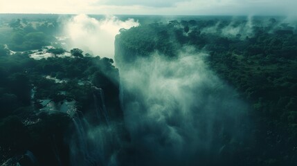 A dramatic view of the Victoria Falls from above, capturing the full width of the falls and surrounding lush greenery with a misty atmosphere, natural setting with powerful visuals