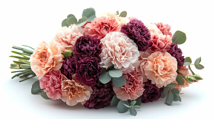 A vibrant bouquet of carnations in shades of pink, red, and white, with ruffled, textured petals and sturdy green stems
