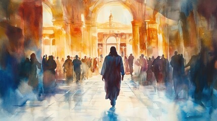 A religious watercolor painting of Jesus walking through the temple, capturing the movement and spiritual energy of the moment with gentle, flowing strokes.