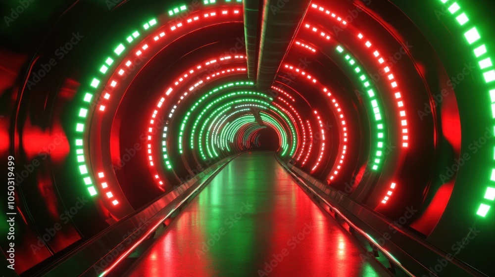 Poster a futuristic tunnel illuminated with red and green lights, creating a vibrant atmosphere.