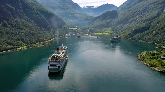 Cruise Liners On Geiranger fjord, Norway