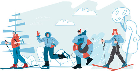 Winter season with snow sports and outdoor activities. People enjoy winter activities such as skiing, skating, tubing.