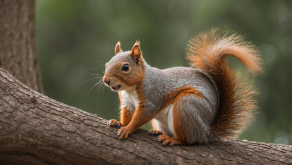 Obraz premium A red squirrel perched on a tree branch, looking to the side with its bushy tail curled up.
