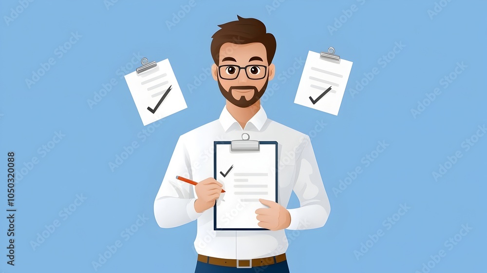 Poster of a businessman marking tasks as done on a clipboard with a finished checklist symbolizing success 