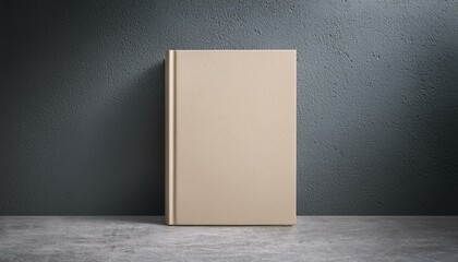 Beige hardcover book standing on concrete floor with gray wall background. 3D Rendering