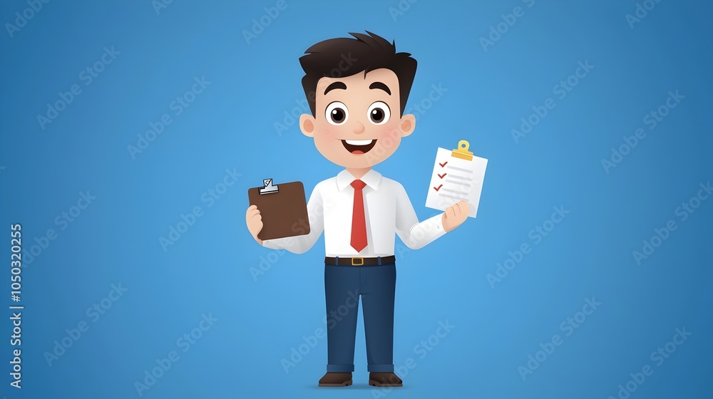 Poster of a comprehensive task list with checkmarks depicting a businessman approving a finished project sy