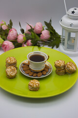 Elegant Coffee Setup with Cookies and Almonds
