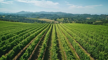 Aerial view of lush vineyards on rolling hills under a clear blue sky.