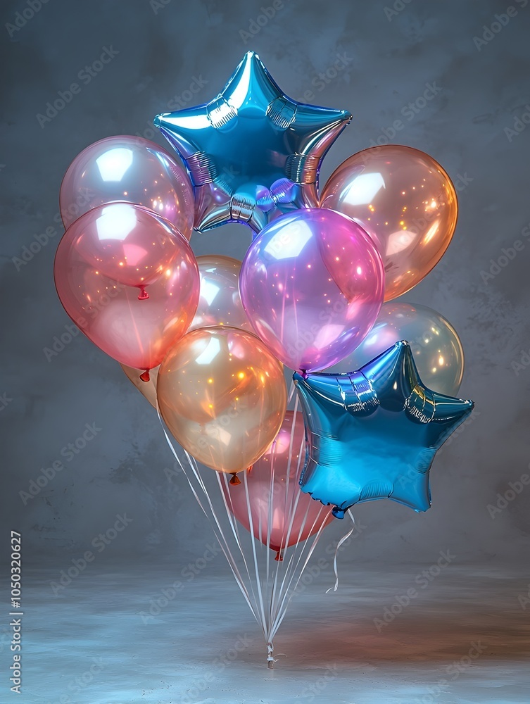 Poster cluster of vibrant star shaped balloons gracefully floating on a clean white backdrop creating a mod