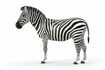 Obraz premium A zebra stands on a white background, looking to the left with its head down.