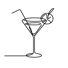 Continuous line art of martini glass with olive and straw