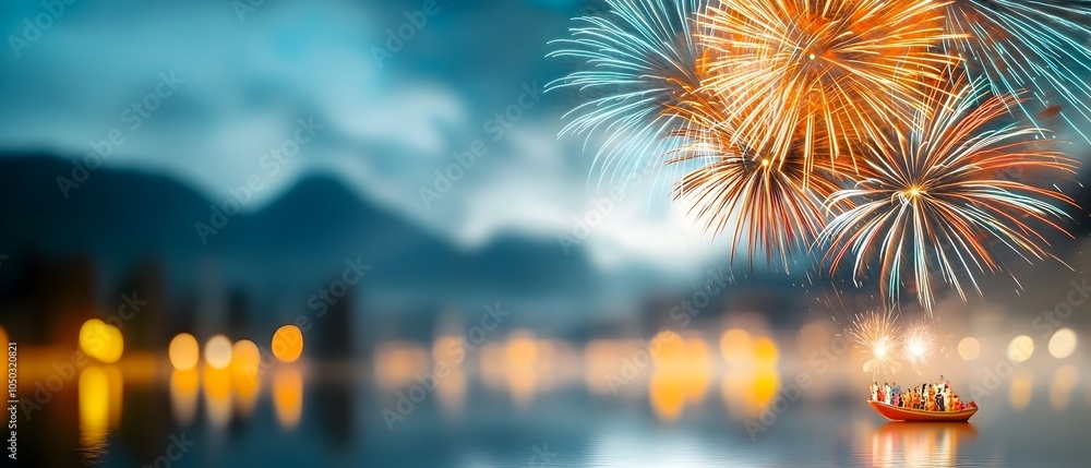 Poster vibrant colorful fireworks lighting up the calm night sky over a still mirrored lake with the explos
