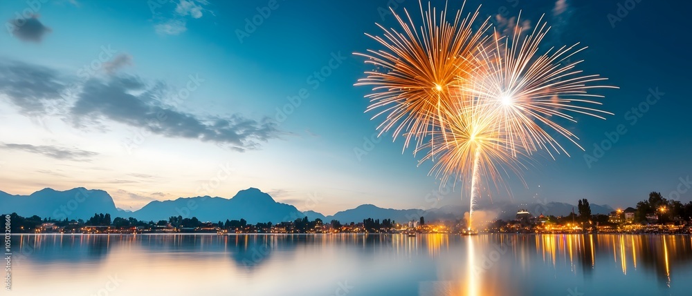 Poster vibrant colorful fireworks lighting up the calm tranquil night sky over a still reflective lake as p