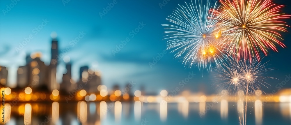 Poster mesmerizing fireworks light up the night sky casting shimmering reflections on the calm waters of a 