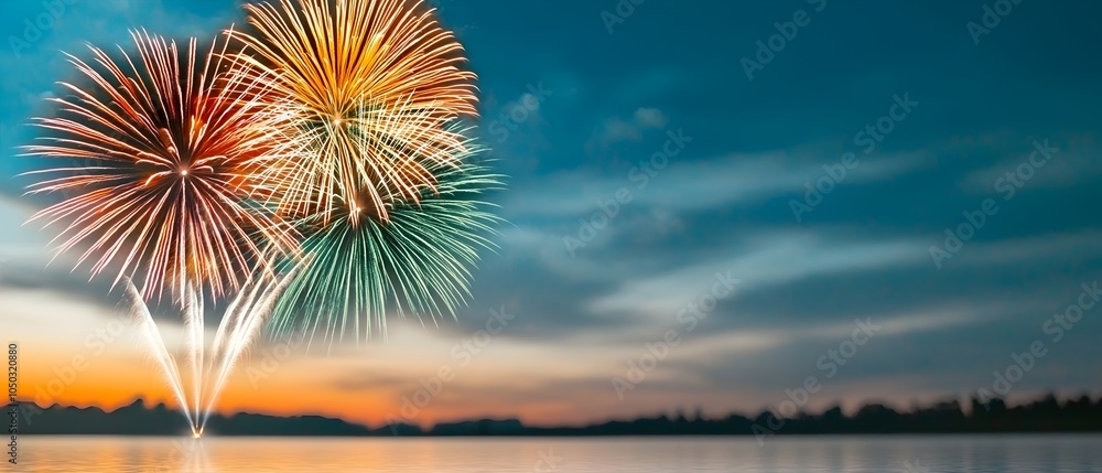 Poster dramatic firework display lighting up the night sky with vibrant colors reflecting on the calm surfa