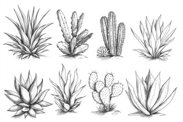 Cactus Sketch Collection: Agave and Saguaro on a White Background Illustration_