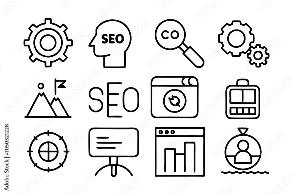Poster create 12 icons seo optimization line art vector