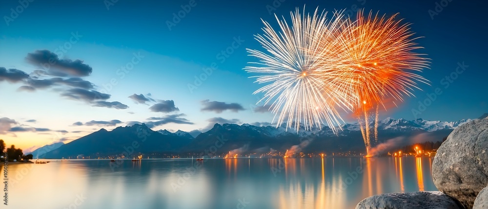 Poster mesmerizing scene of bright colorful fireworks illuminating the night sky and their shimmering refle