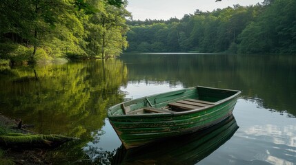 Obraz premium Boat on calm lake surrounded by lush green trees under soft morning light.