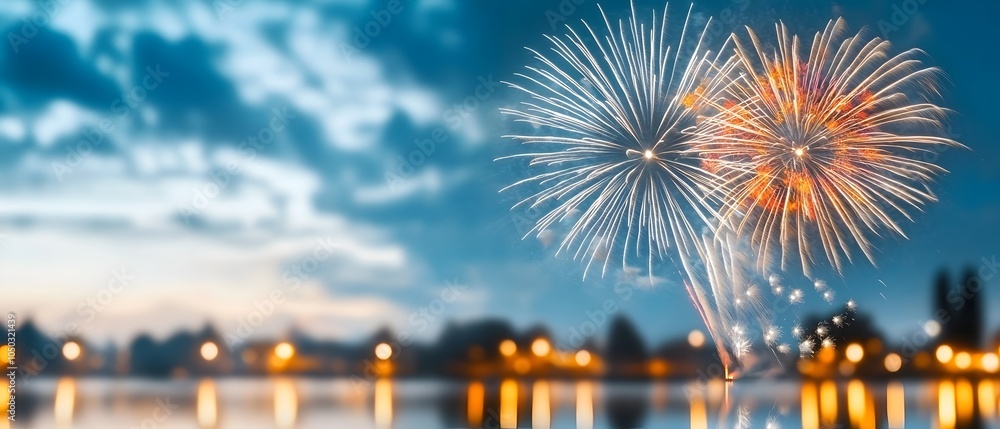 Poster Breathtaking fireworks display reflected in the calm waters of a serene lake creating a captivating festival like atmosphere at dusk