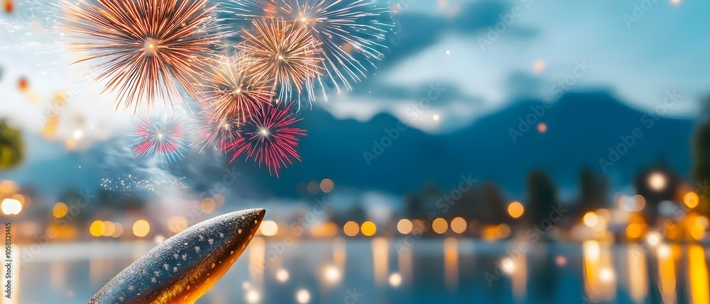 Poster serene night sky filled with vibrant fireworks display lighting up the calm lake below with the refl