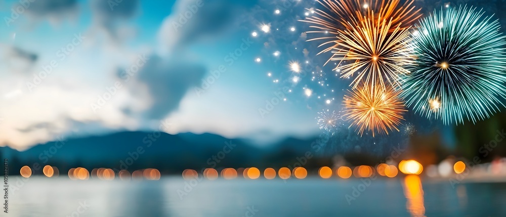 Poster Breathtaking firework display exploding in vibrant colors above a calm