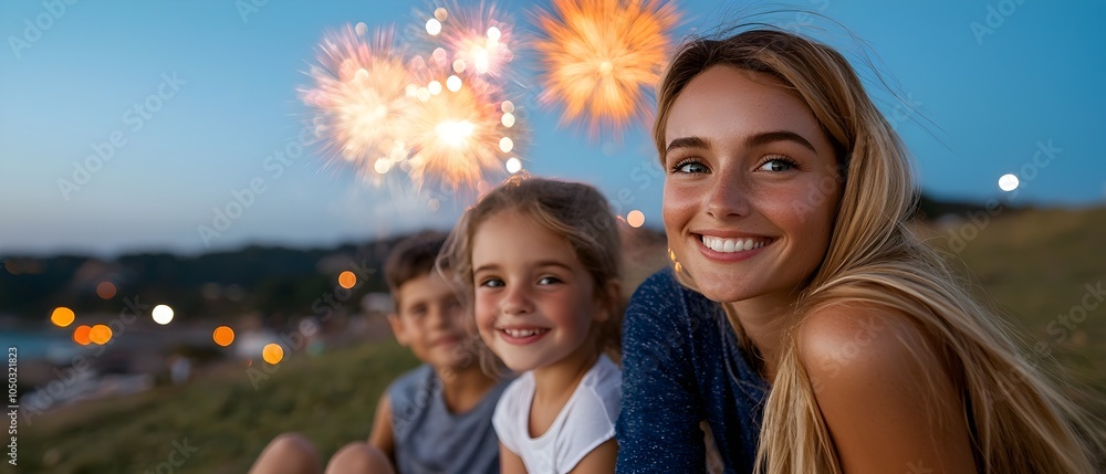 Poster Family members sitting together on a grassy hill gazing up at the night sky filled with colorful sparkling fireworks exploding across the horizon during a peaceful and joyful