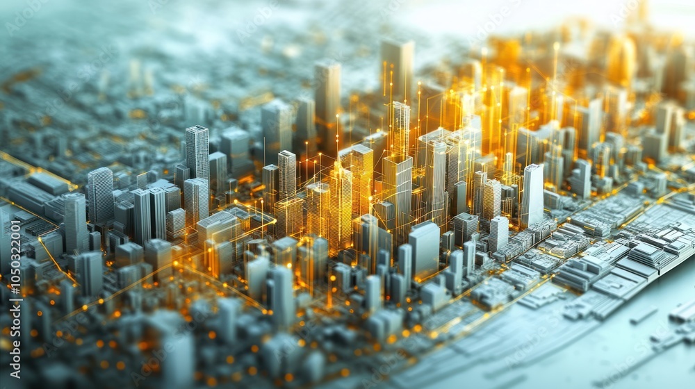 Poster a futuristic cityscape with glowing elements representing data and connectivity.