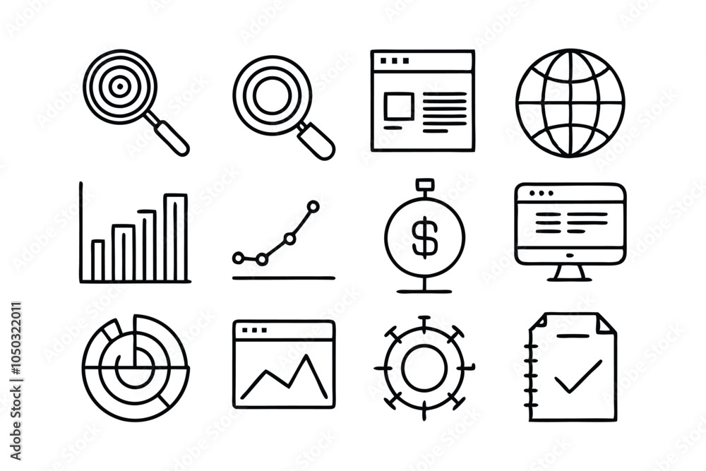Poster create 16 icons of seo web icons set. search engine optimization - simple thin line icons collection