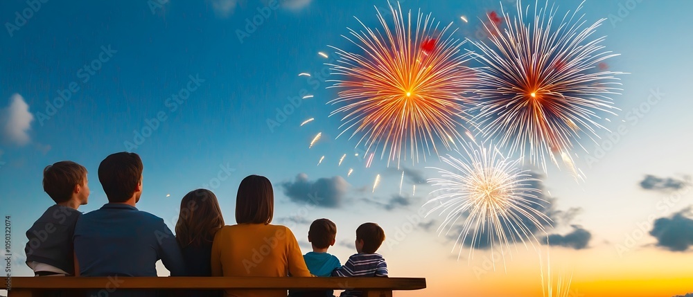Poster colorful bursts of fireworks exploding above the horizon as families gather on a hill enjoying the u